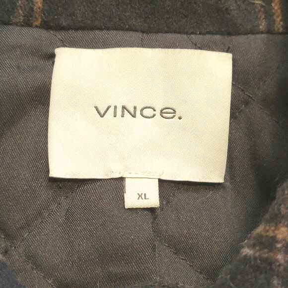 Vince Wool Cashmere Plaid Padded Shirt Jacket Shacket Black Tan Button Down XL - Picture 13 of 16